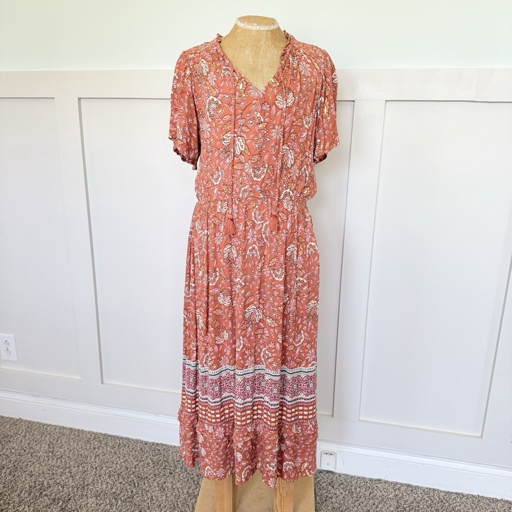 Knox Rose Short Sleeve Midi Dress MEDiUM Burnt Orange Peasant Boho Southwestern